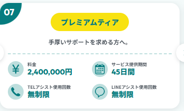mottoの「07 プレミアムティア」は料金2,400,000円・サービス提供期間45日間・電話とLINEのサポート無制限