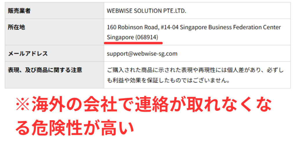 運営はシンガポールの会社(WEBWISE SOLUTION PTE.LTD.)で、特定商取引法に関する表記に代表者の名前・電話番号・販売価格が書かれていません。