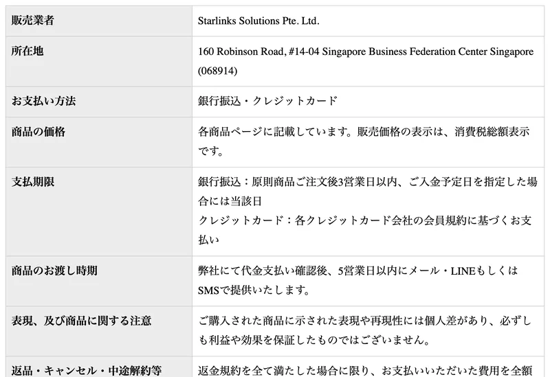 アイランドセブンの特定商取引法に関する表記。販売業者はStarlinks Solutions Pte. Ltd.、所在地は160 Robinson Road, #14-04 Singapore Business Federation Center Singapore (068914)と記載されている