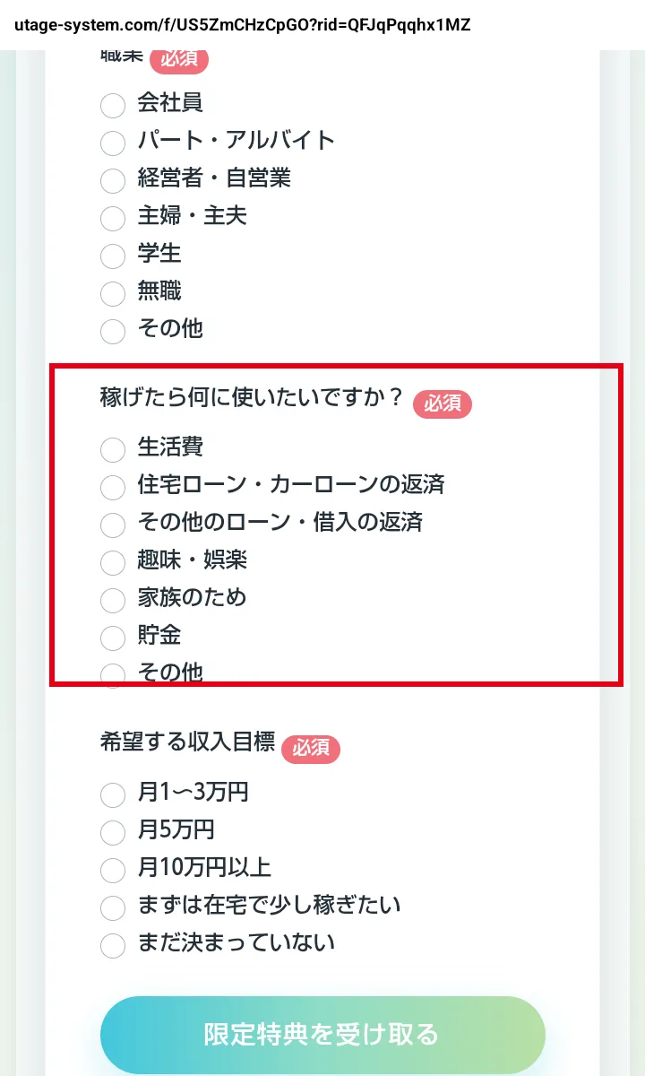 フォームの続き。「稼げたら何に使いたいですか?」が必須で、選択肢に生活費・住宅ローン・カーローンの返済・その他のローン・借入の返済などが並んでいる部分を赤枠で囲んでいる