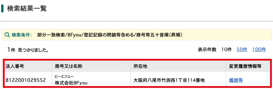 国税庁の法人番号公表サイトで「BFyou」を検索した結果。法人番号8122001029552の株式会社BFyou（大阪府八尾市竹渕西1丁目114番地）が表示されている