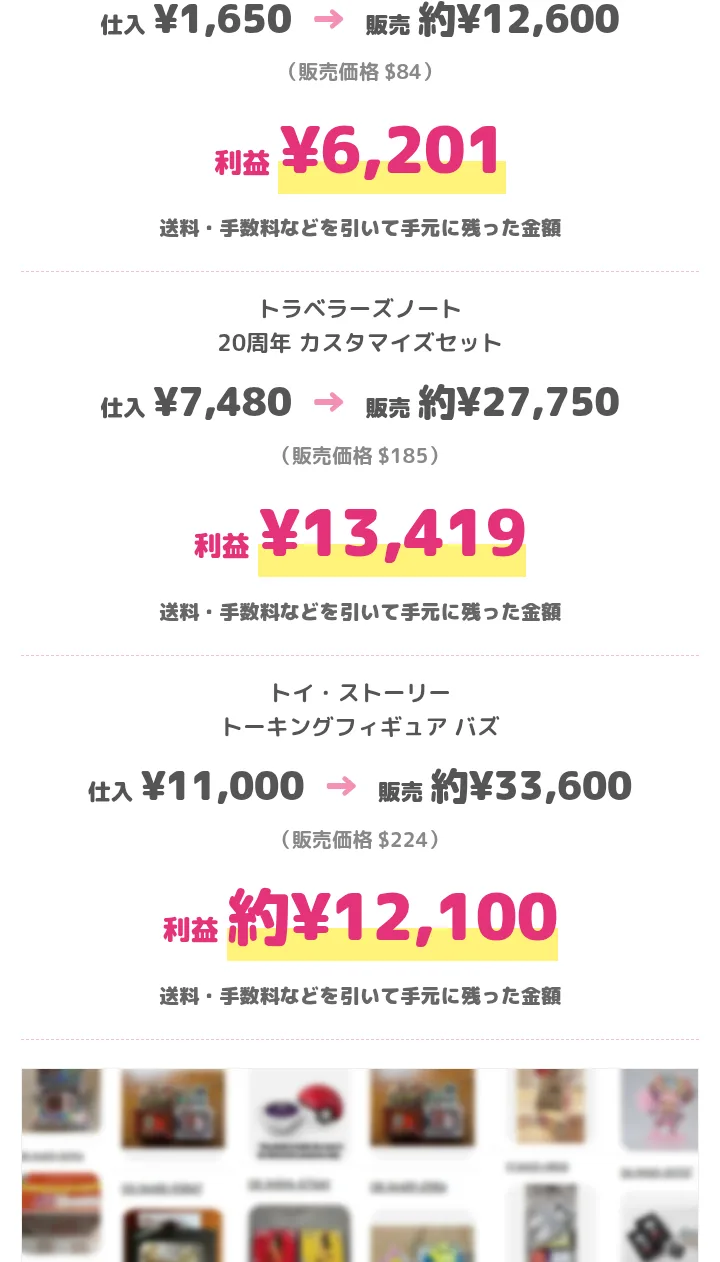 BFyouの広告ページの販売例。ワンピースカードゲームが仕入れ1,650円・販売約12,600円で利益6,201円、トラベラーズノートが仕入れ7,480円・販売約27,750円で利益13,419円、トイ・ストーリーのバズが仕入れ11,000円・販売約33,600円で利益約12,100円と書かれている