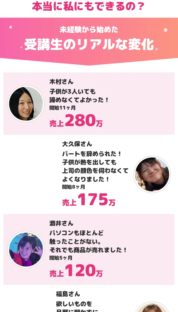 BFyouの広告ページの受講生の声。木村さんが開始11ヶ月で売上280万、大久保さんが開始8ヶ月で売上175万、酒井さんが開始5ヶ月で売上120万と大きく書かれている