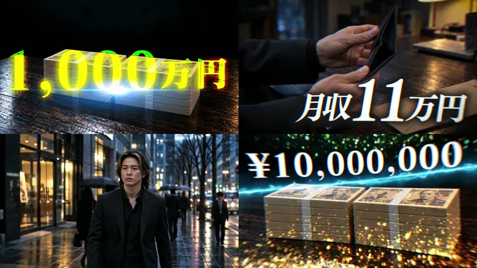FINAL PROJECTの予告動画の場面。「1,000万円」の札束、「月収11万円」と財布を開く手、雨の街を歩く黒いスーツの男性、「¥10,000,000」の文字が映っている