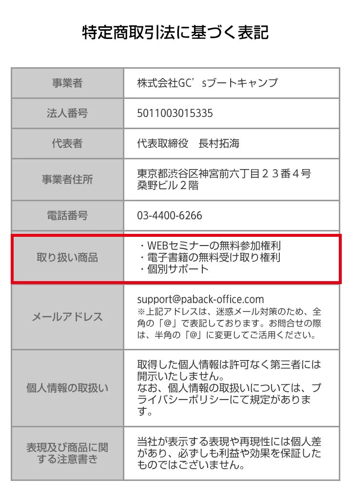 TikTok shopクリエイター育成オンライン講座の特定商取引法に基づく表記。事業者は株式会社GC'sブートキャンプ、代表取締役は長村拓海、取り扱い商品は「WEBセミナーの無料参加権利・電子書籍の無料受け取り権利・個別サポート」で、その部分を赤枠で囲んでいる