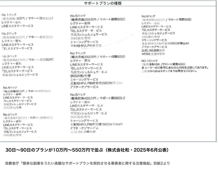 消費者庁が公表した株式会社和のサポートプランの種類。No.1の10万円からNo.9の550万円まで、30日〜90日のプランが並んでいる