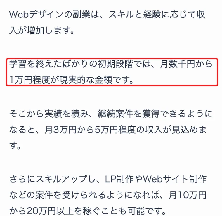 ミスアカデミーが運営するコラムのWebデザイン副業の記事。「学習を終えたばかりの初期段階では、月数千円から1万円程度が現実的な金額です」と書かれた部分を赤枠で囲んでいる