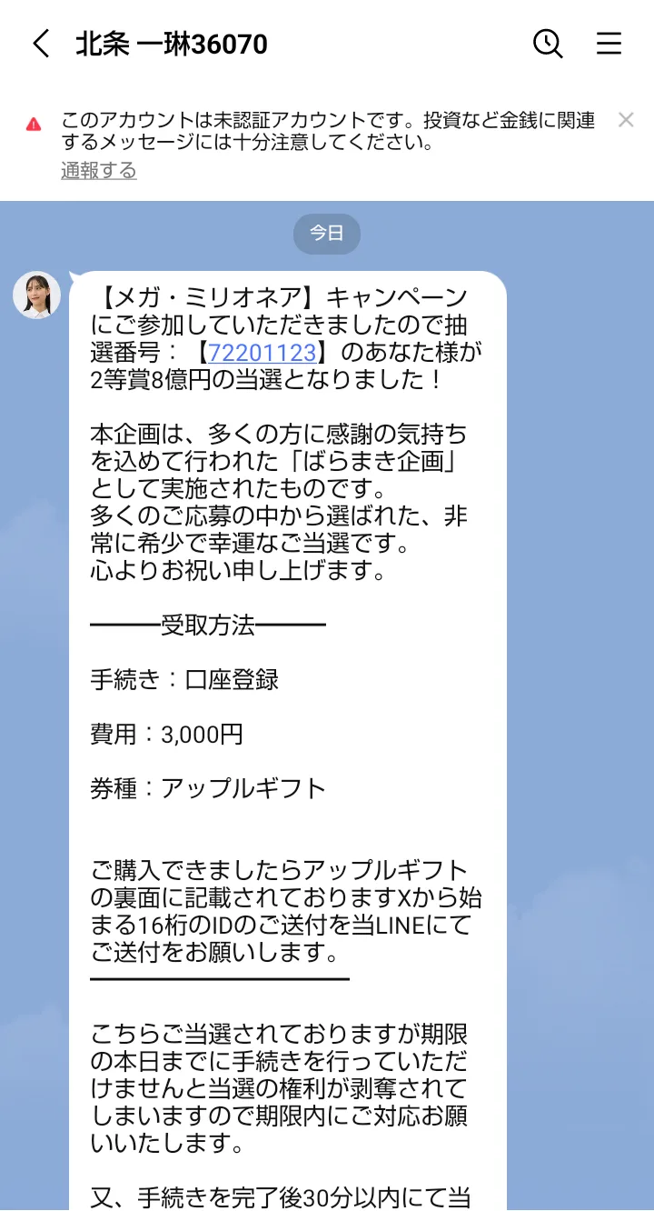 LINE「北条 一琳36070」に届いたメッセージ。「【メガ・ミリオネア】キャンペーンにご参加していただきましたので抽選番号:【72201123】のあなた様が2等賞8億円の当選となりました!」と書かれている