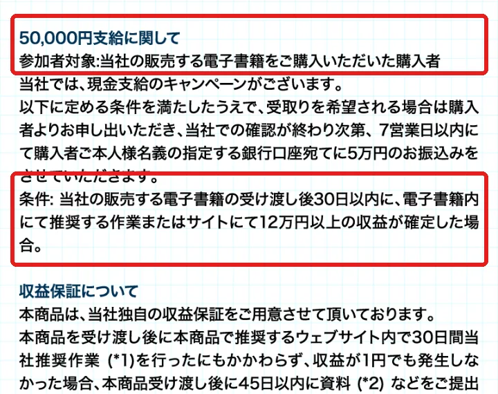 株式会社MUSEの特定商取引法に基づく表記の「50,000円支給に関して」。参加者対象は当社の販売する電子書籍を購入した人、条件は電子書籍の受け渡し後30日以内に12万円以上の収益が確定した場合、と書かれた部分を赤枠で囲んでいる