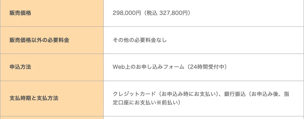 クロスリテイリングの特定商取引法に関する表記。販売価格298,000円(税込327,800円)、その他の必要料金なし、支払いはクレジットカードか銀行振込の前払いと書かれている