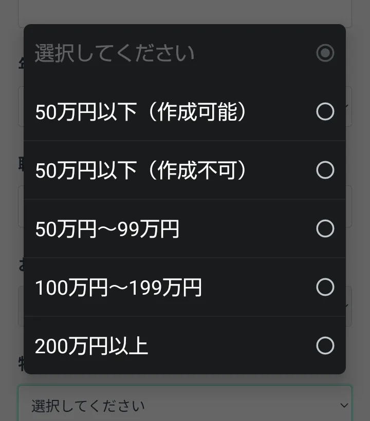 「物販に使えるクレジットカード枠」の選択肢。50万円以下(作成可能)、50万円以下(作成不可)、50万円〜99万円、100万円〜199万円、200万円以上の5つが並んでいる